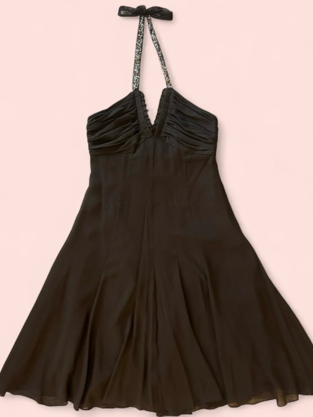 BCBGMAXAZRIA 100% Silk Chocolate Brown Sequin Halter Dress